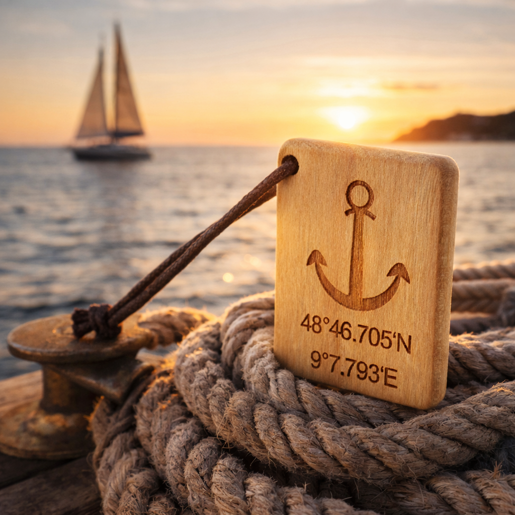 Handgefertigter Holzanhänger mit Anker Gravur und individuellen Koordinaten aus Holz als persönliches Geschenk