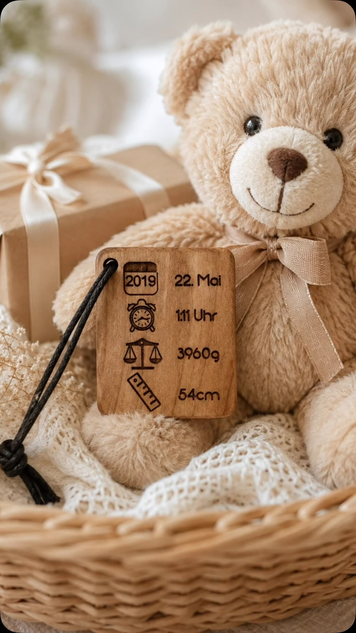 Holzanhänger mit gravierten Geburtsdaten neben einem Teddybären