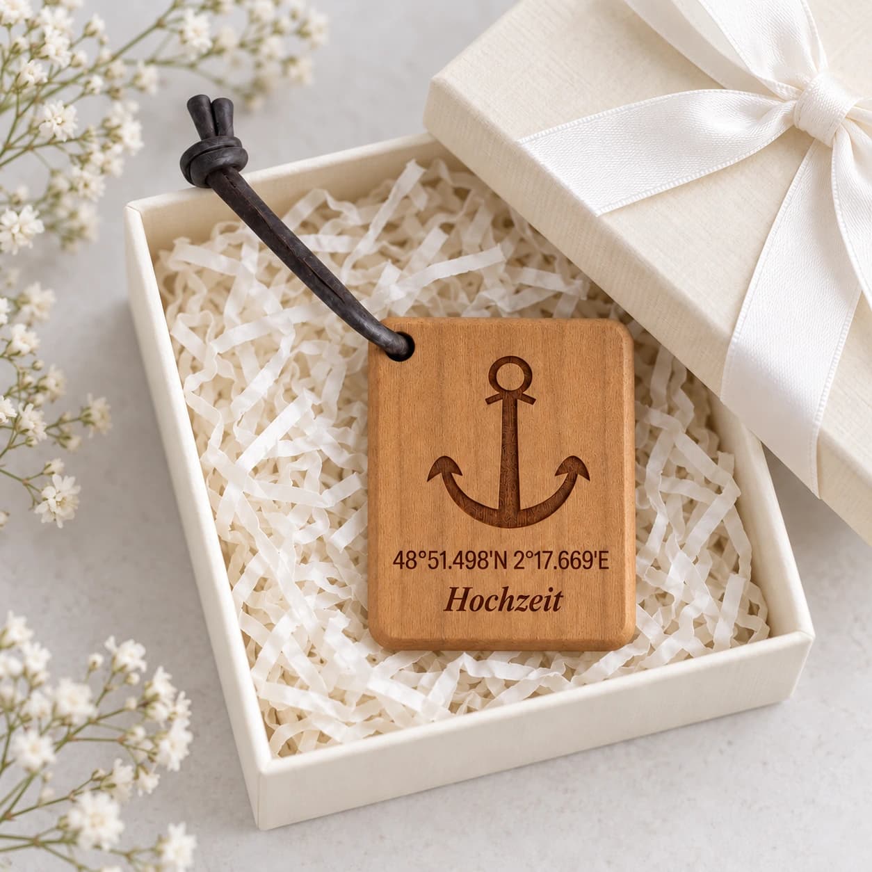 Anker-Schlüsselanhänger mit Koordinaten zur Hochzeit – Geschenkpräsentation, Hochzeit