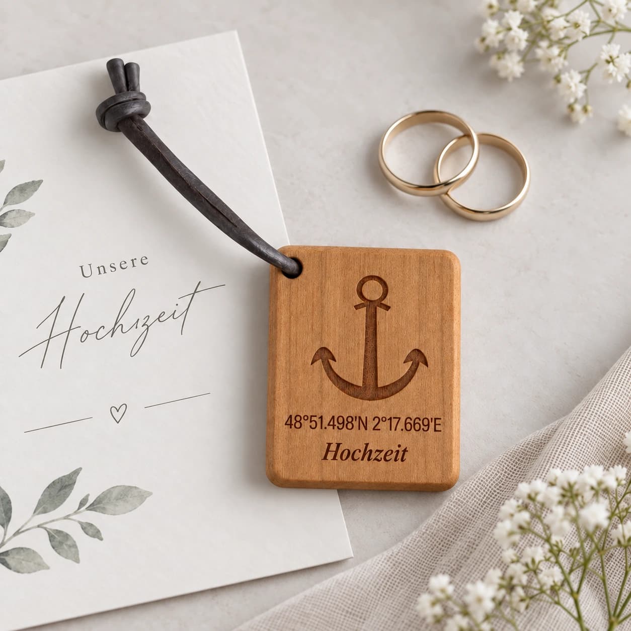 Anker-Schlüsselanhänger mit Koordinaten zur Hochzeit – Anlassszene, Hochzeit
