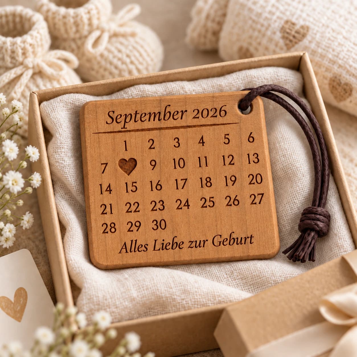 Personalisierter Kalender-Schlüsselanhänger als Geschenk zur Geburt mit gefülltem Herz – Geschenkpräsentation, Beispiel 08.09.2026