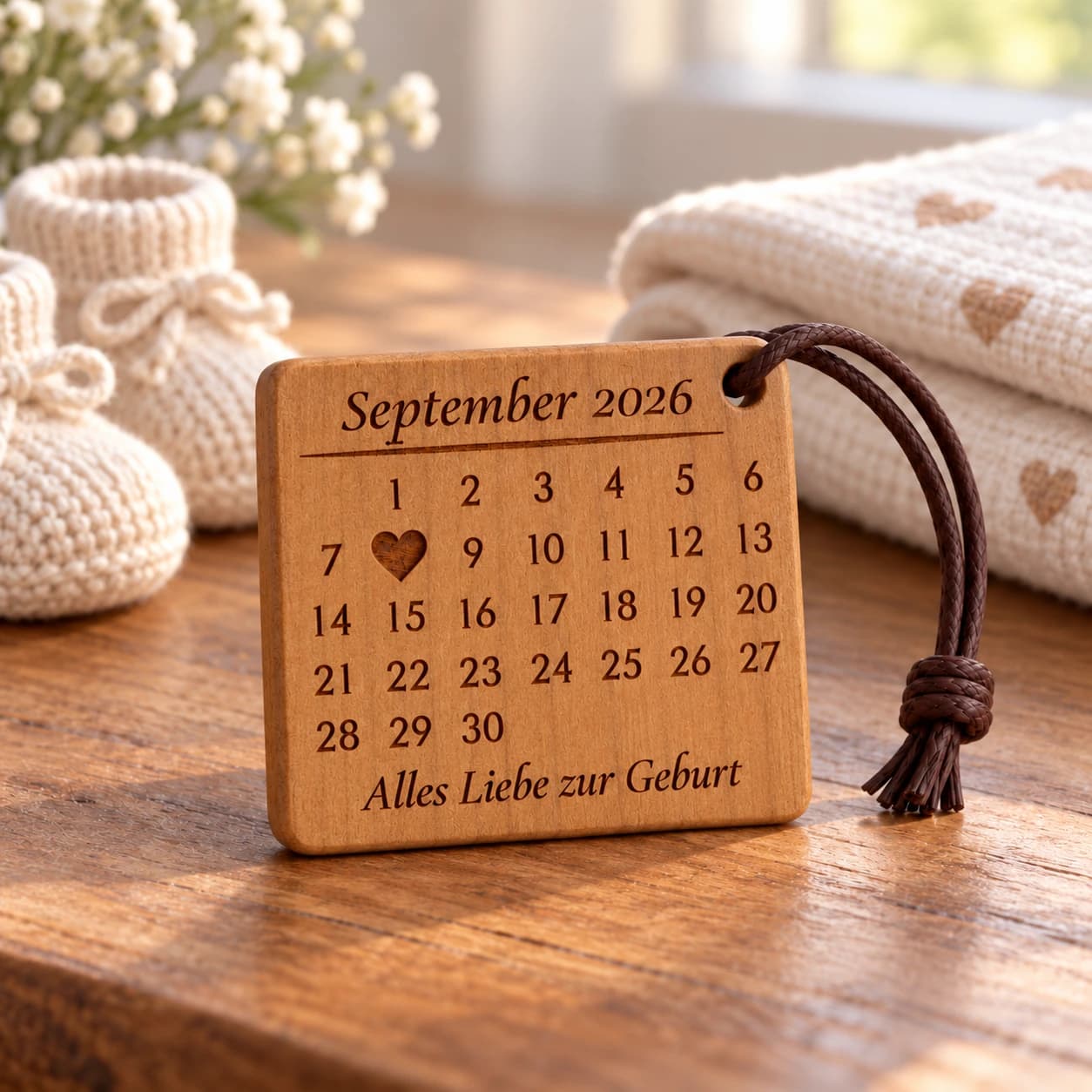 Personalisierter Kalender-Schlüsselanhänger als Geschenk zur Geburt mit gefülltem Herz – Anlassszene, Beispiel 08.09.2026