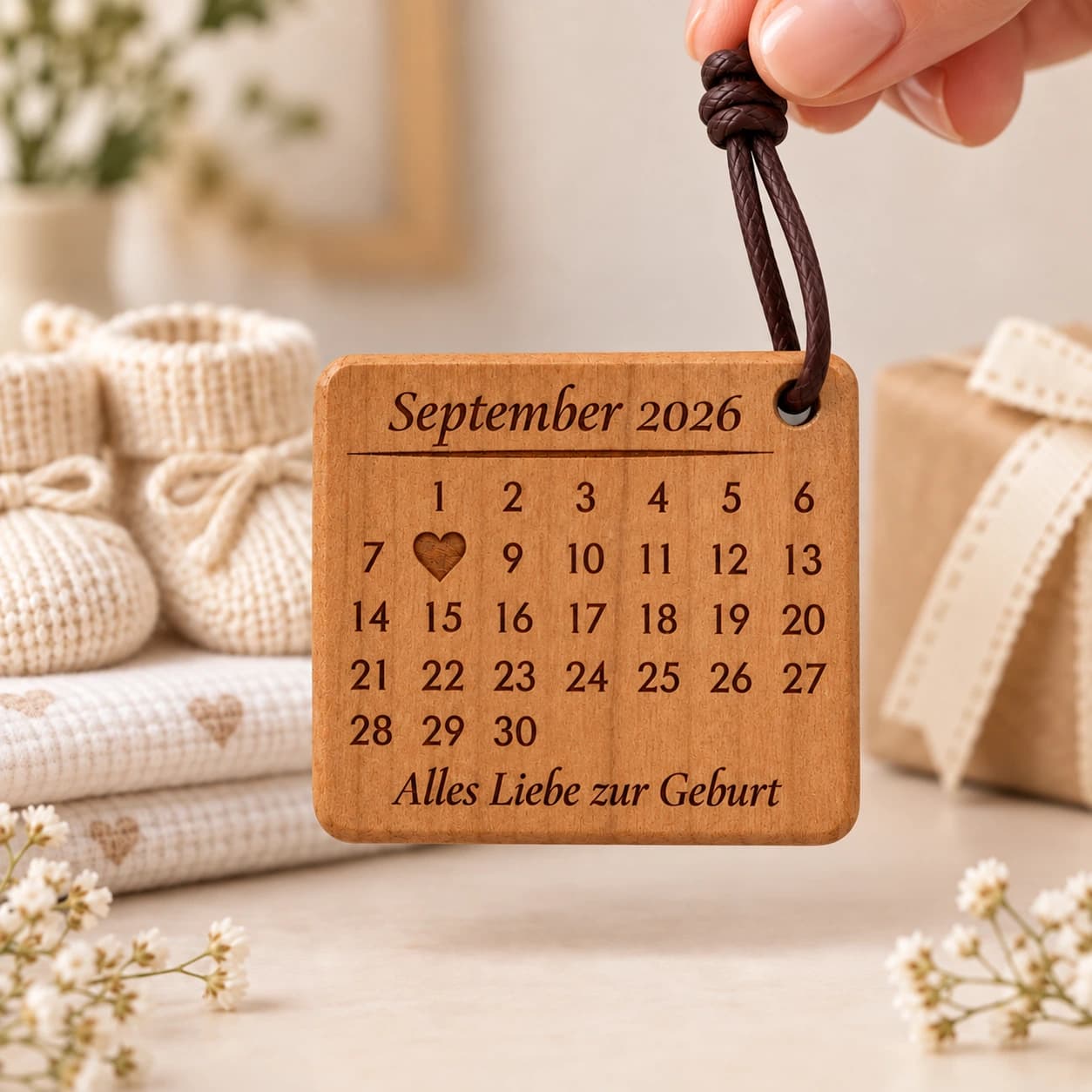 Personalisierter Kalender-Schlüsselanhänger als Geschenk zur Geburt mit gefülltem Herz – Weitere Anlassszene, Beispiel 08.09.2026