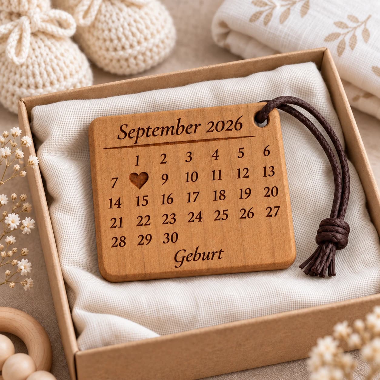 Kalender-Schlüsselanhänger mit gefülltem Herz zur Geburt, Taufe & Einschulung – Geschenkpräsentation, Beispiel 08.09.2026