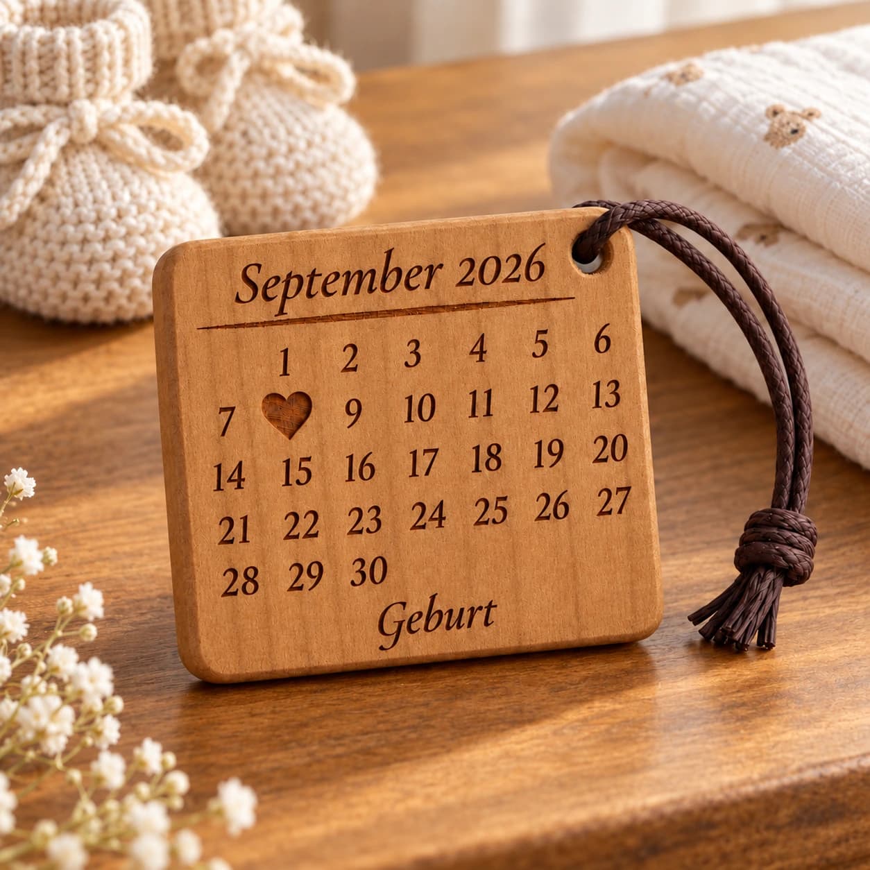 Kalender-Schlüsselanhänger mit gefülltem Herz zur Geburt, Taufe & Einschulung – Anlassszene, Beispiel 08.09.2026