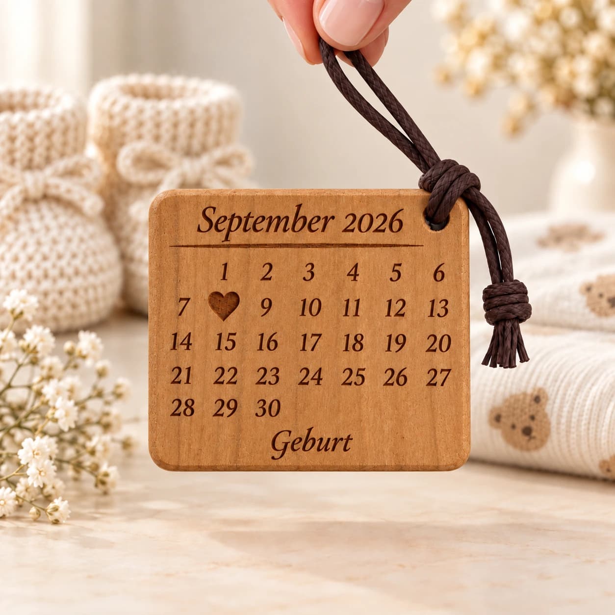 Kalender-Schlüsselanhänger mit gefülltem Herz zur Geburt, Taufe & Einschulung – Weitere Anlassszene, Beispiel 08.09.2026