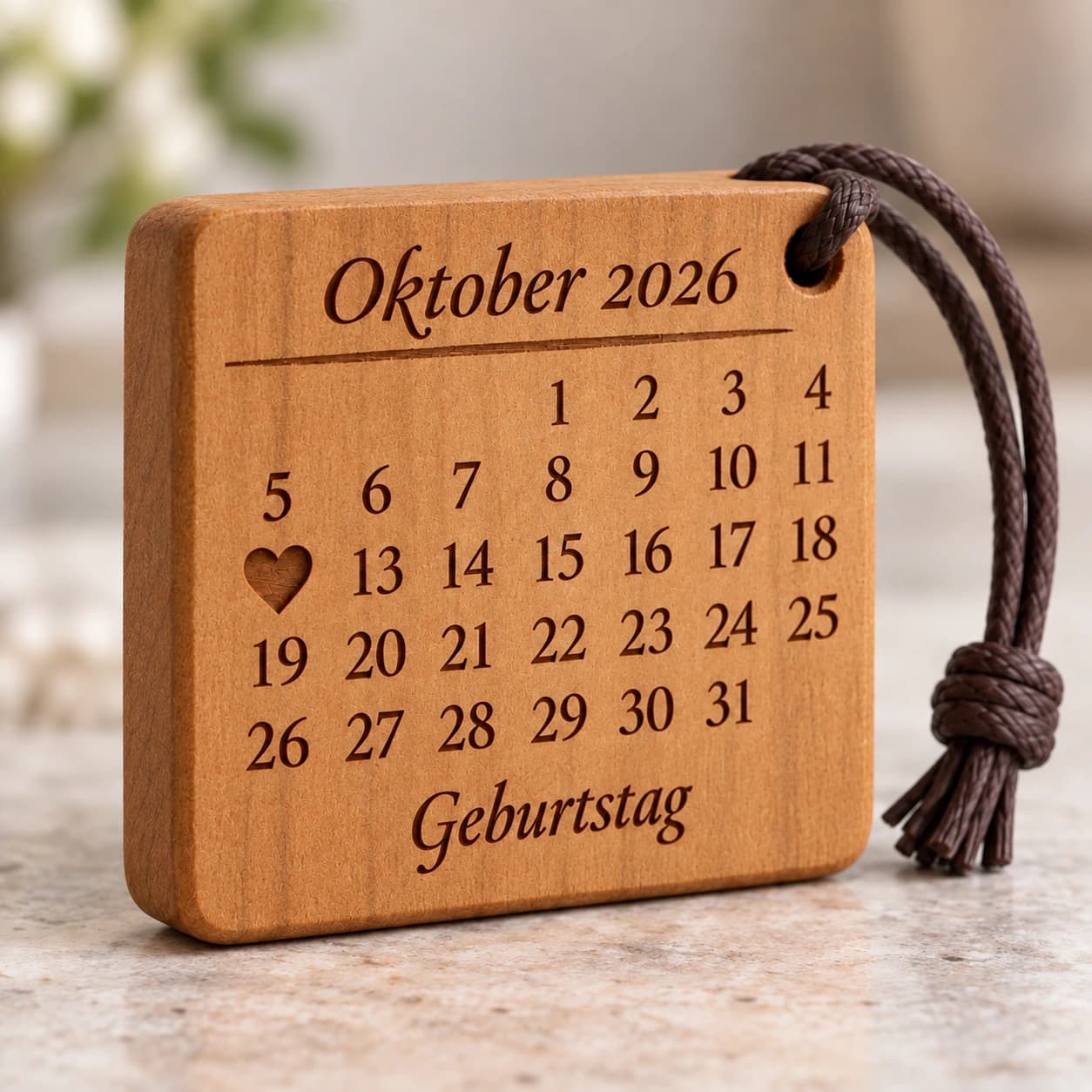 Kalender-Schlüsselanhänger mit gefülltem Herz zum Geburtstag – Nahaufnahme der Gravur, Beispiel 12.10.2026