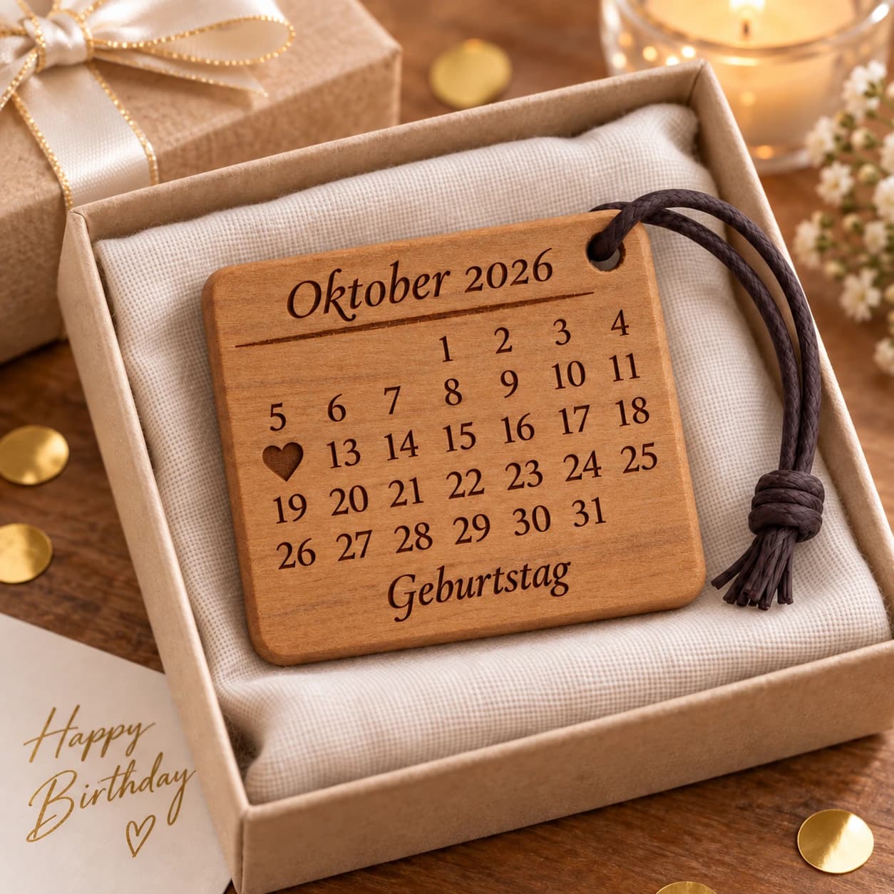 Kalender-Schlüsselanhänger mit gefülltem Herz zum Geburtstag – Geschenkpräsentation, Beispiel 12.10.2026