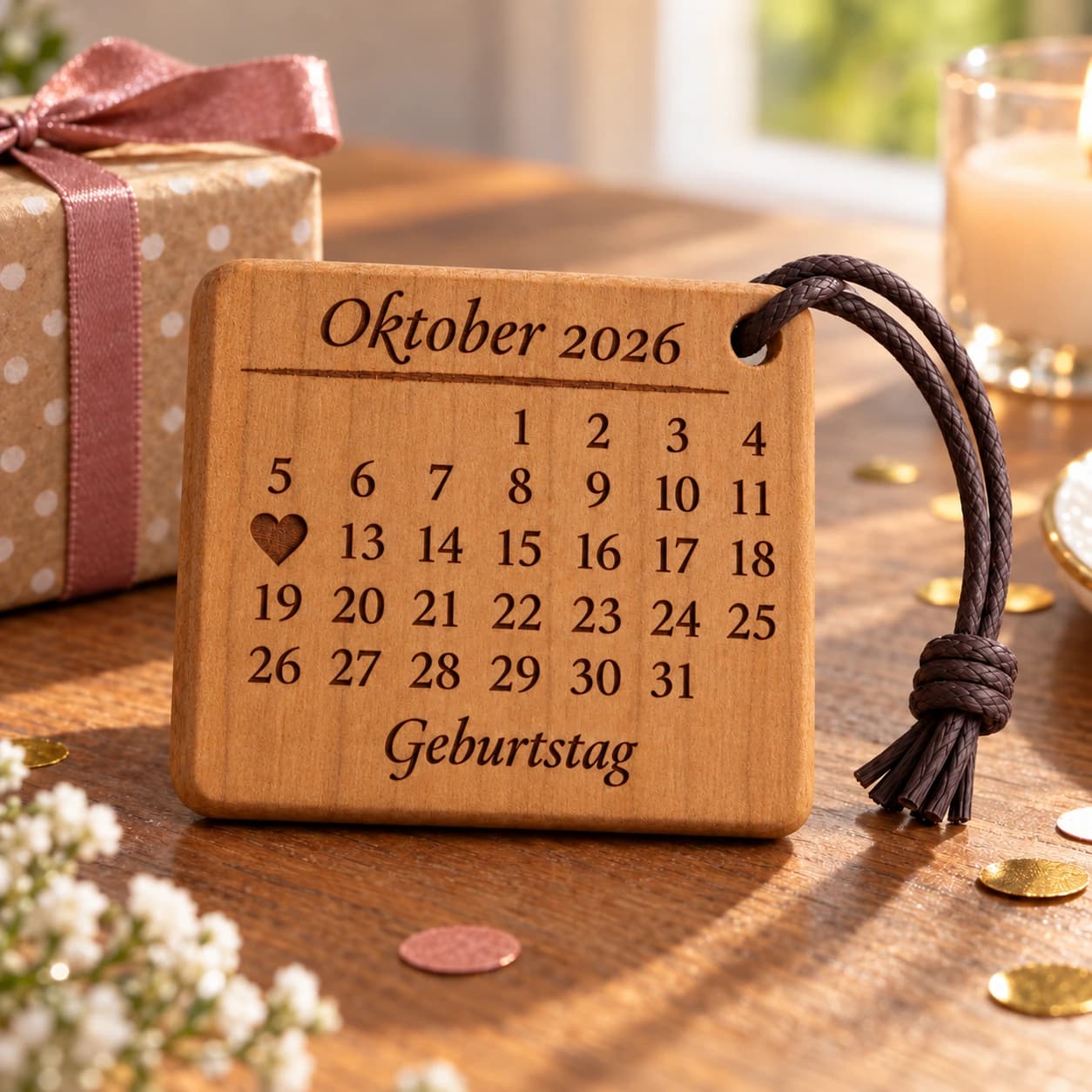 Kalender-Schlüsselanhänger mit gefülltem Herz zum Geburtstag – Anlassszene, Beispiel 12.10.2026