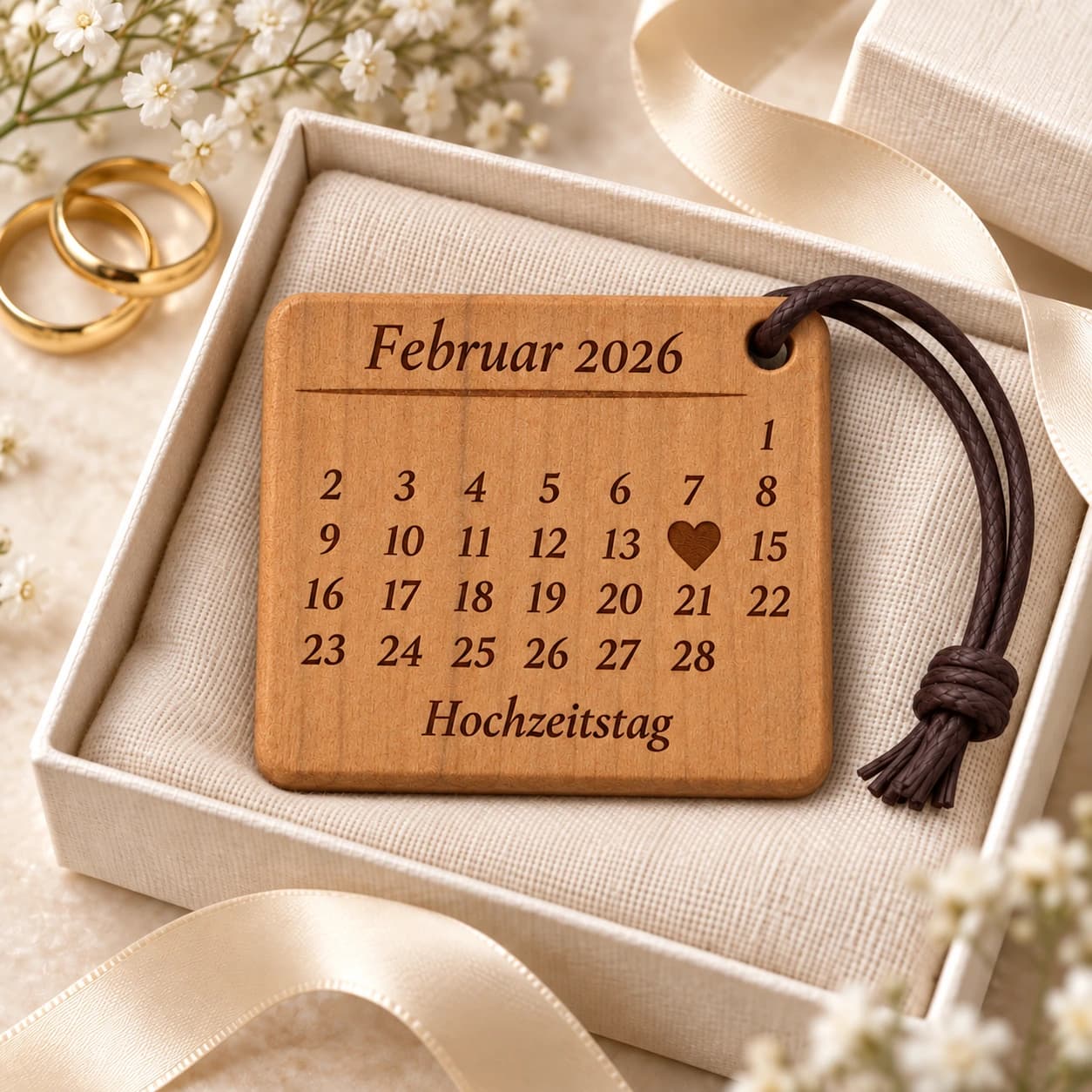 Kalender-Schlüsselanhänger mit gefülltem Herz zur Hochzeit & zum Jahrestag – Geschenkpräsentation, Beispiel 14.02.2026