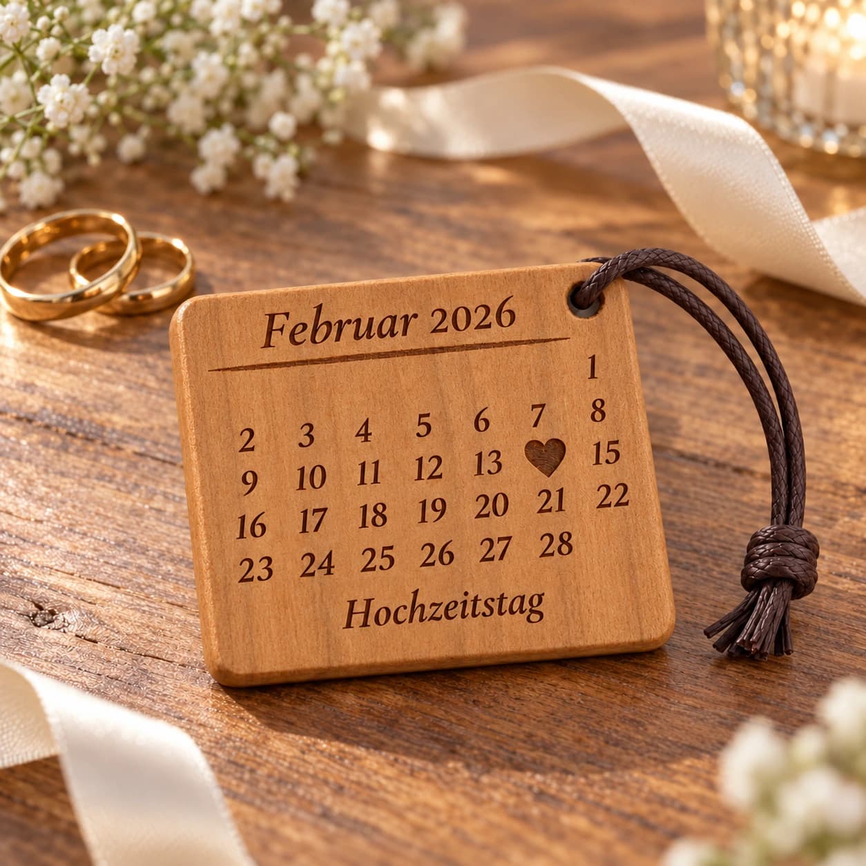 Kalender-Schlüsselanhänger mit gefülltem Herz zur Hochzeit & zum Jahrestag – Anlassszene, Beispiel 14.02.2026