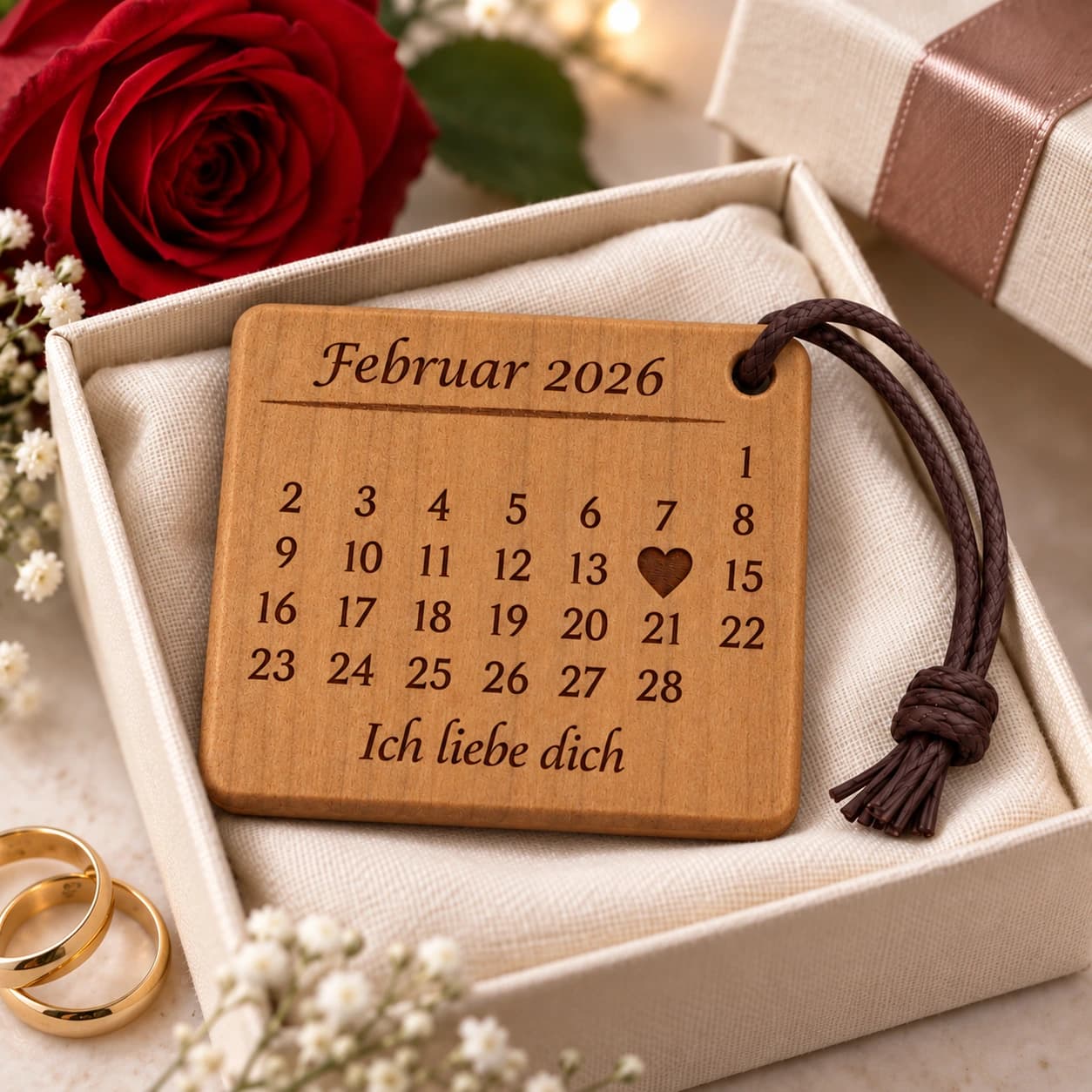 Personalisierter Kalender-Schlüsselanhänger für Paare mit gefülltem Herz – Geschenkpräsentation, Beispiel 14.02.2026