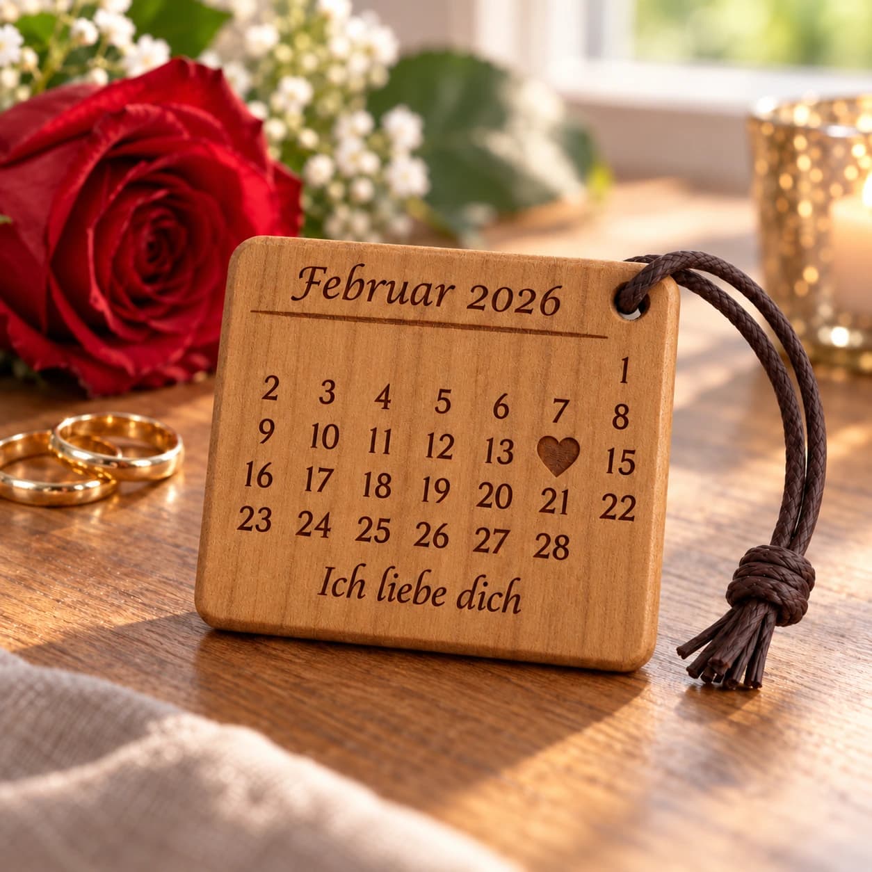 Personalisierter Kalender-Schlüsselanhänger für Paare mit gefülltem Herz – Anlassszene, Beispiel 14.02.2026