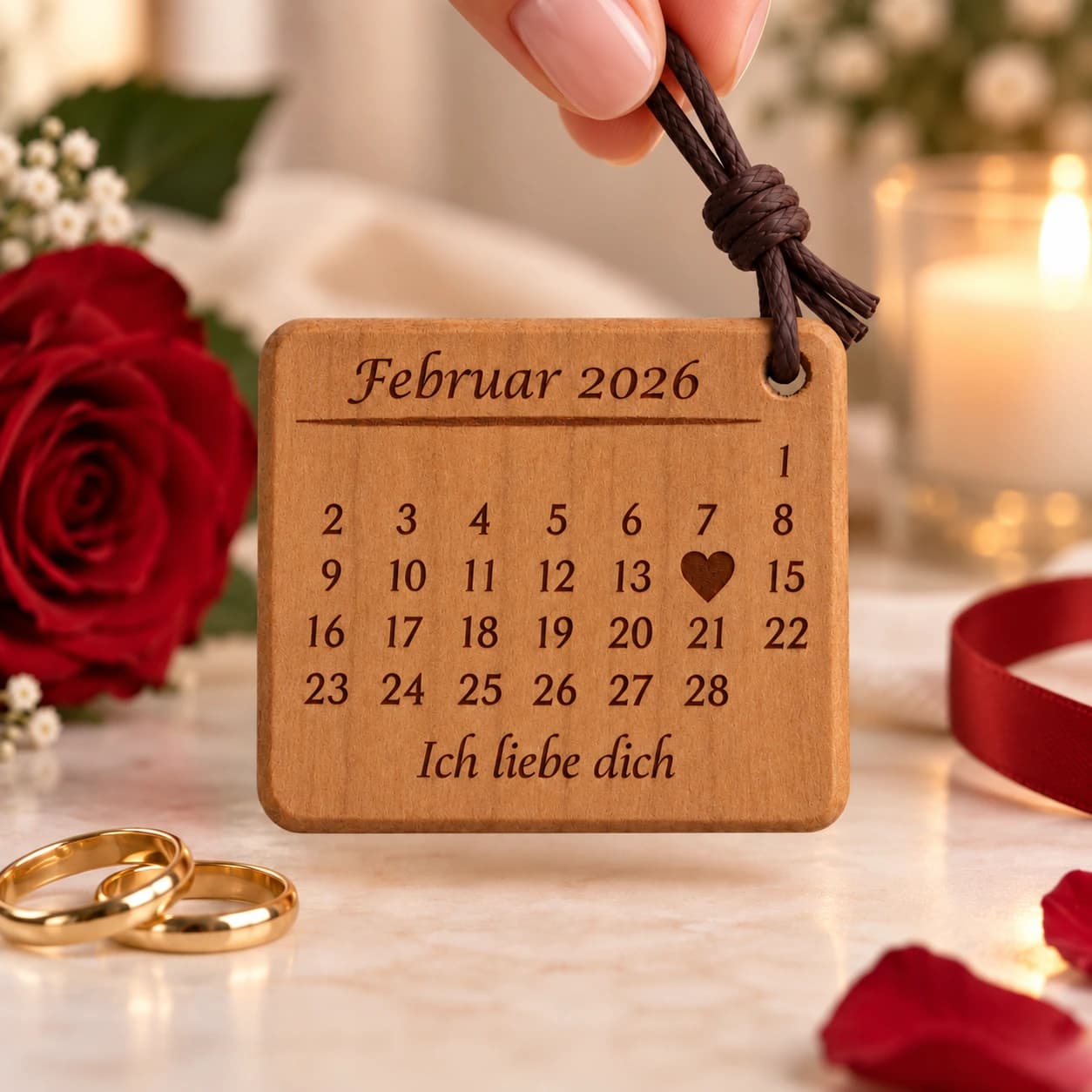 Personalisierter Kalender-Schlüsselanhänger für Paare mit gefülltem Herz – Weitere Anlassszene, Beispiel 14.02.2026