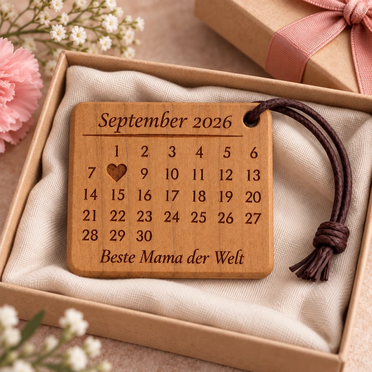 Personalisierter Kalender-Schlüsselanhänger für Mama mit gefülltem Herz – Geschenkpräsentation, Beispiel 08.09.2026