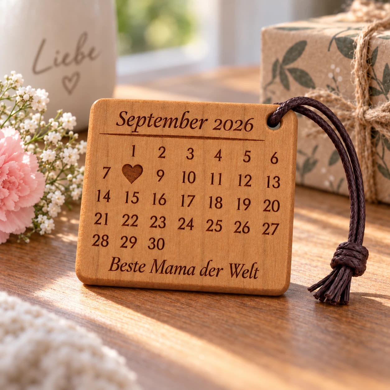Personalisierter Kalender-Schlüsselanhänger für Mama mit gefülltem Herz – Anlassszene, Beispiel 08.09.2026