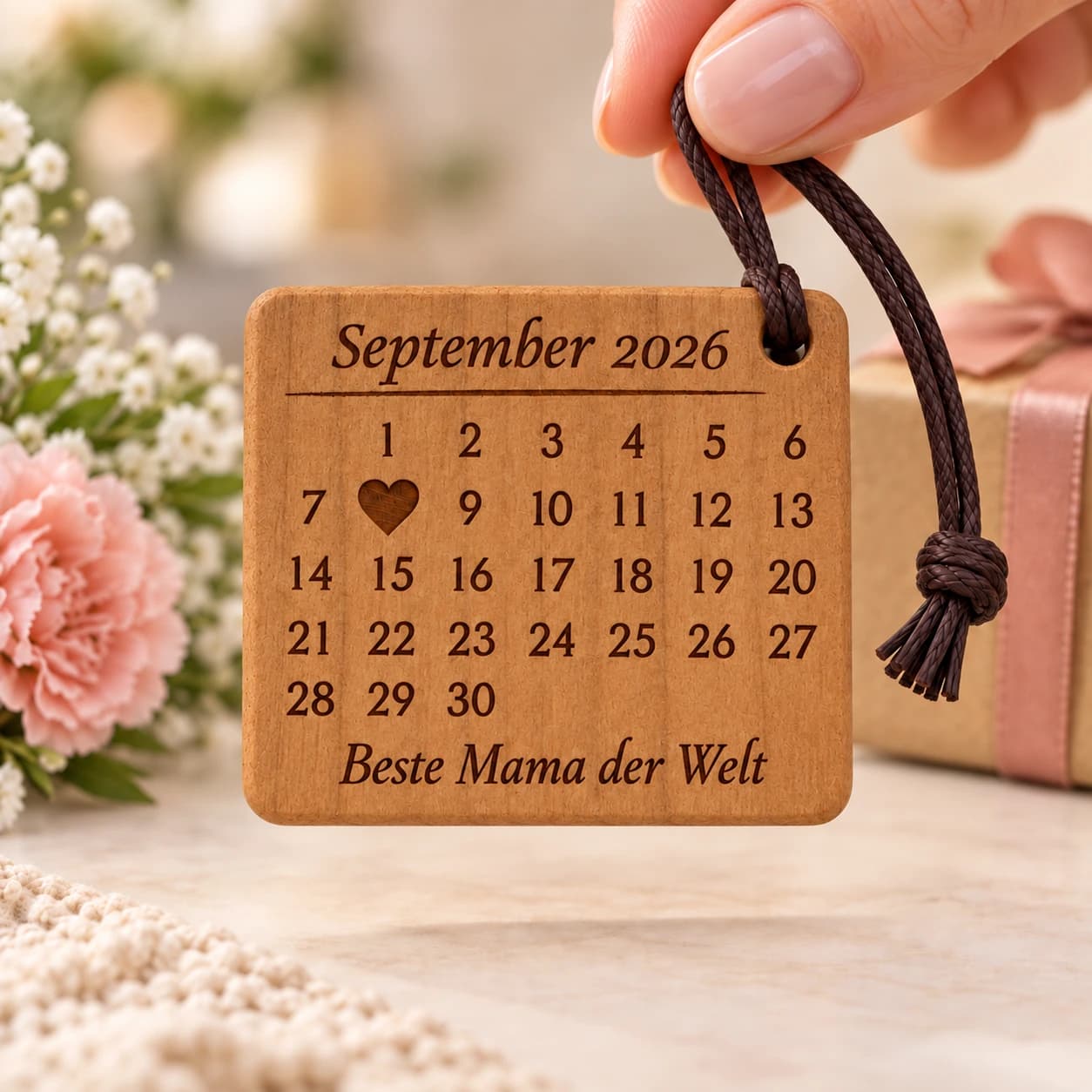 Personalisierter Kalender-Schlüsselanhänger für Mama mit gefülltem Herz – Weitere Anlassszene, Beispiel 08.09.2026