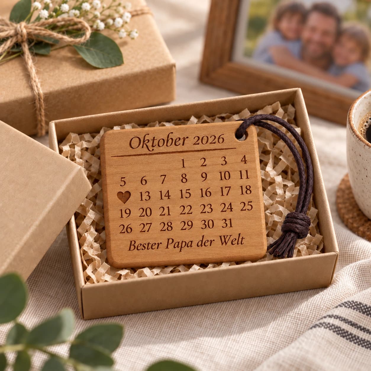 Personalisierter Kalender-Schlüsselanhänger für Papa mit gefülltem Herz – Geschenkpräsentation, Beispiel 12.10.2026