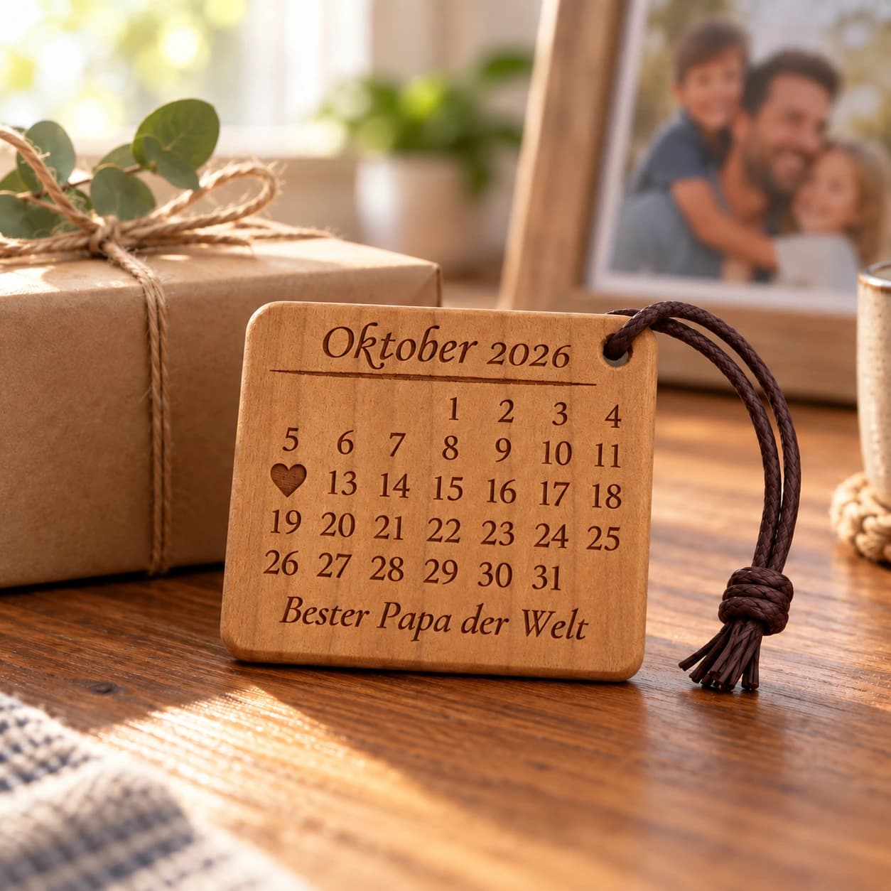 Personalisierter Kalender-Schlüsselanhänger für Papa mit gefülltem Herz – Anlassszene, Beispiel 12.10.2026