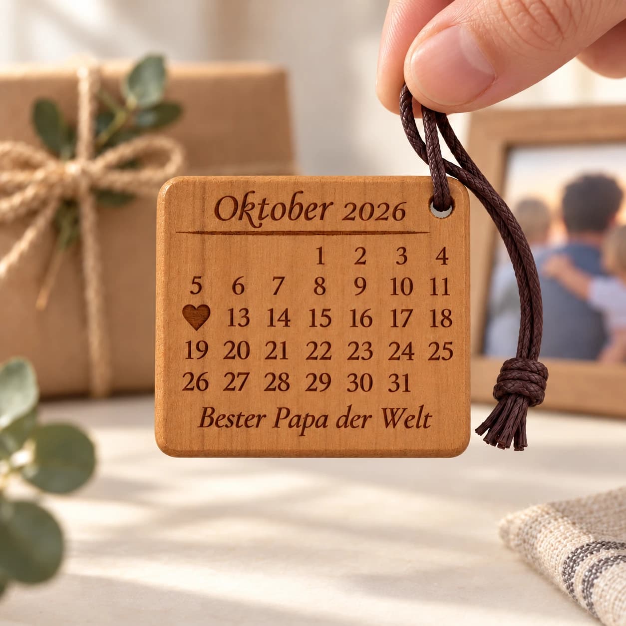 Personalisierter Kalender-Schlüsselanhänger für Papa mit gefülltem Herz – Weitere Anlassszene, Beispiel 12.10.2026