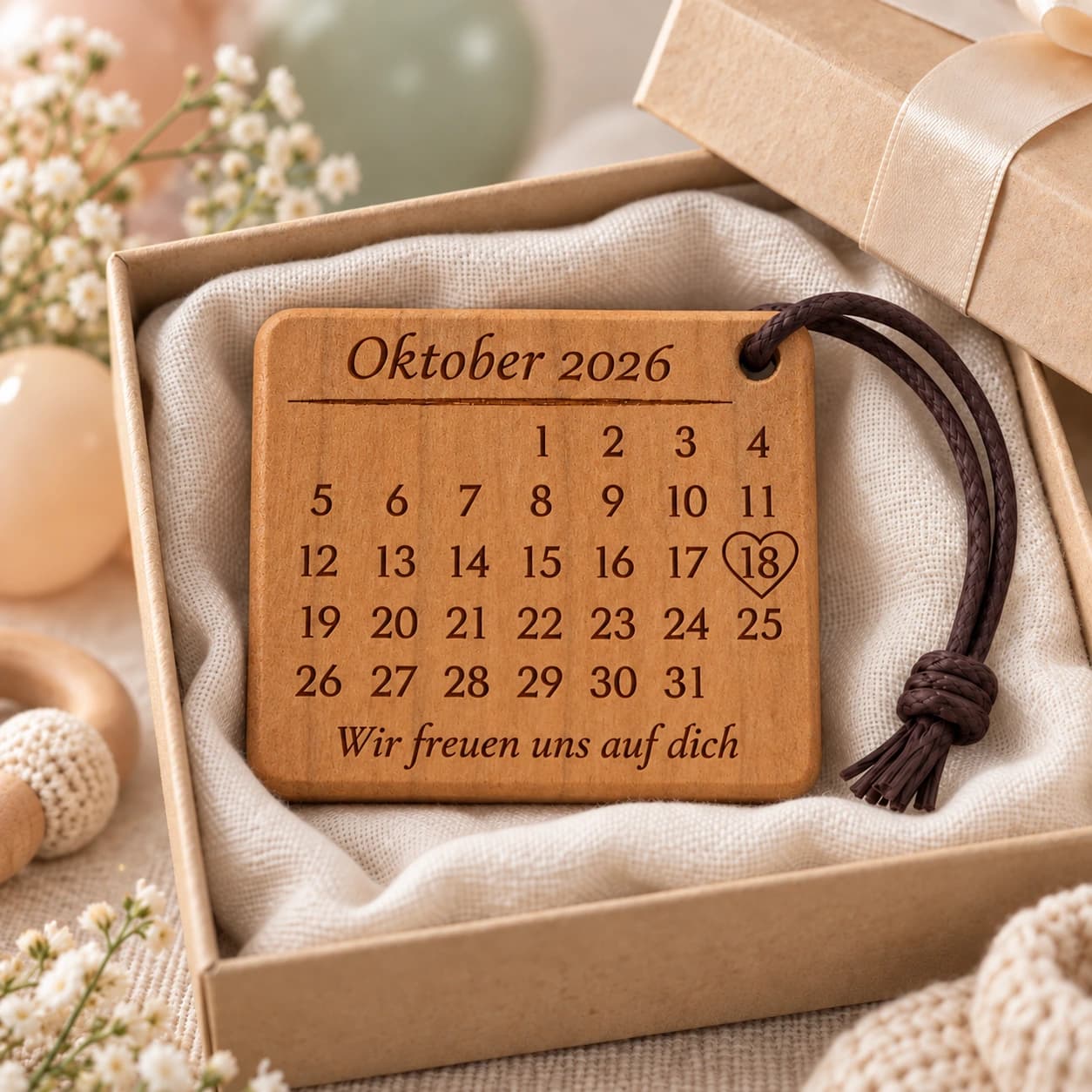 Kalender-Schlüsselanhänger mit Gravur zur Babyshower mit Herzumriss – Geschenkpräsentation, Beispiel 18.10.2026
