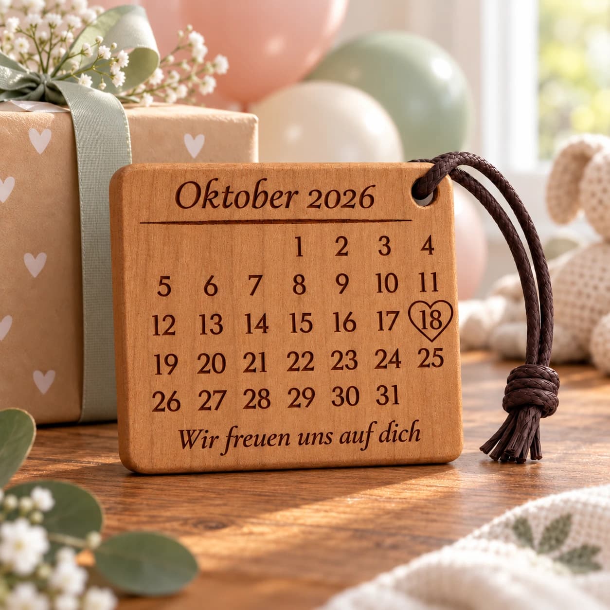 Kalender-Schlüsselanhänger mit Gravur zur Babyshower mit Herzumriss – Anlassszene, Beispiel 18.10.2026