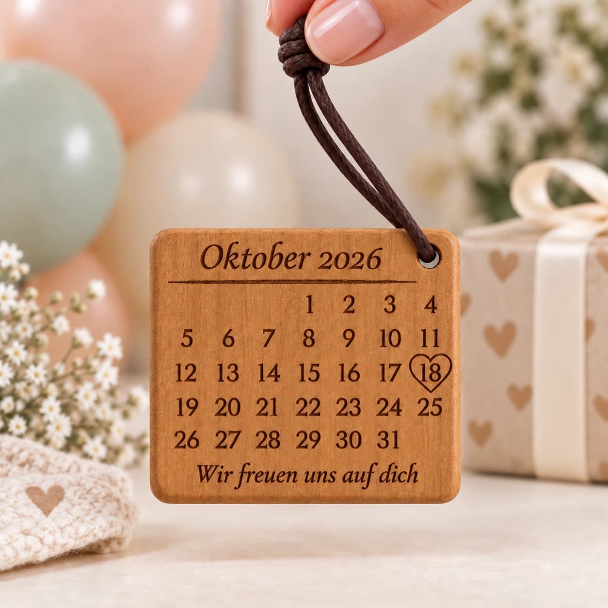 Kalender-Schlüsselanhänger mit Gravur zur Babyshower mit Herzumriss – Weitere Anlassszene, Beispiel 18.10.2026