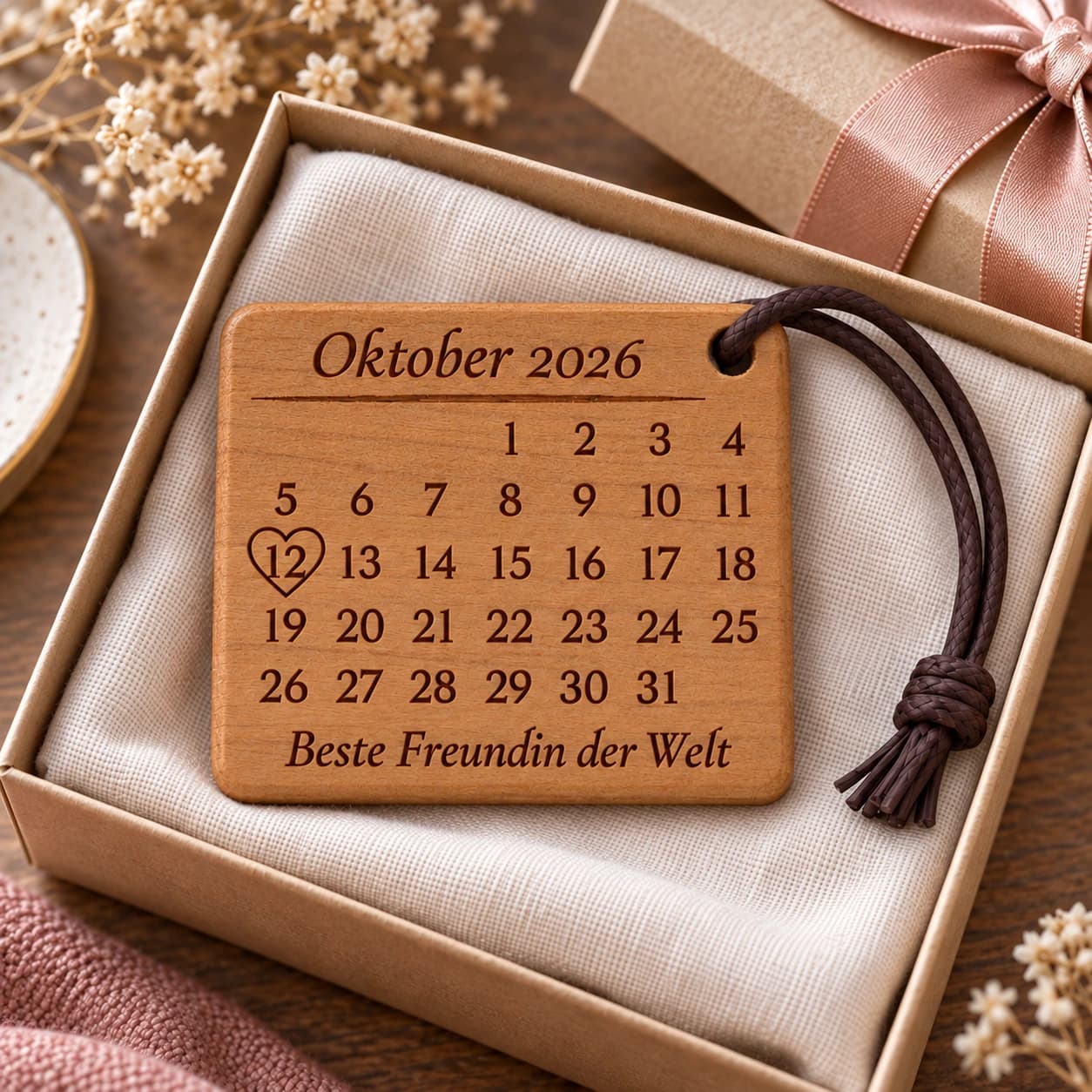 Kalender-Schlüsselanhänger mit Gravur für die beste Freundin mit Herzumriss – Geschenkpräsentation, Beispiel 12.10.2026