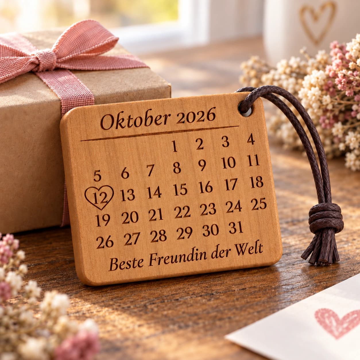 Kalender-Schlüsselanhänger mit Gravur für die beste Freundin mit Herzumriss – Anlassszene, Beispiel 12.10.2026