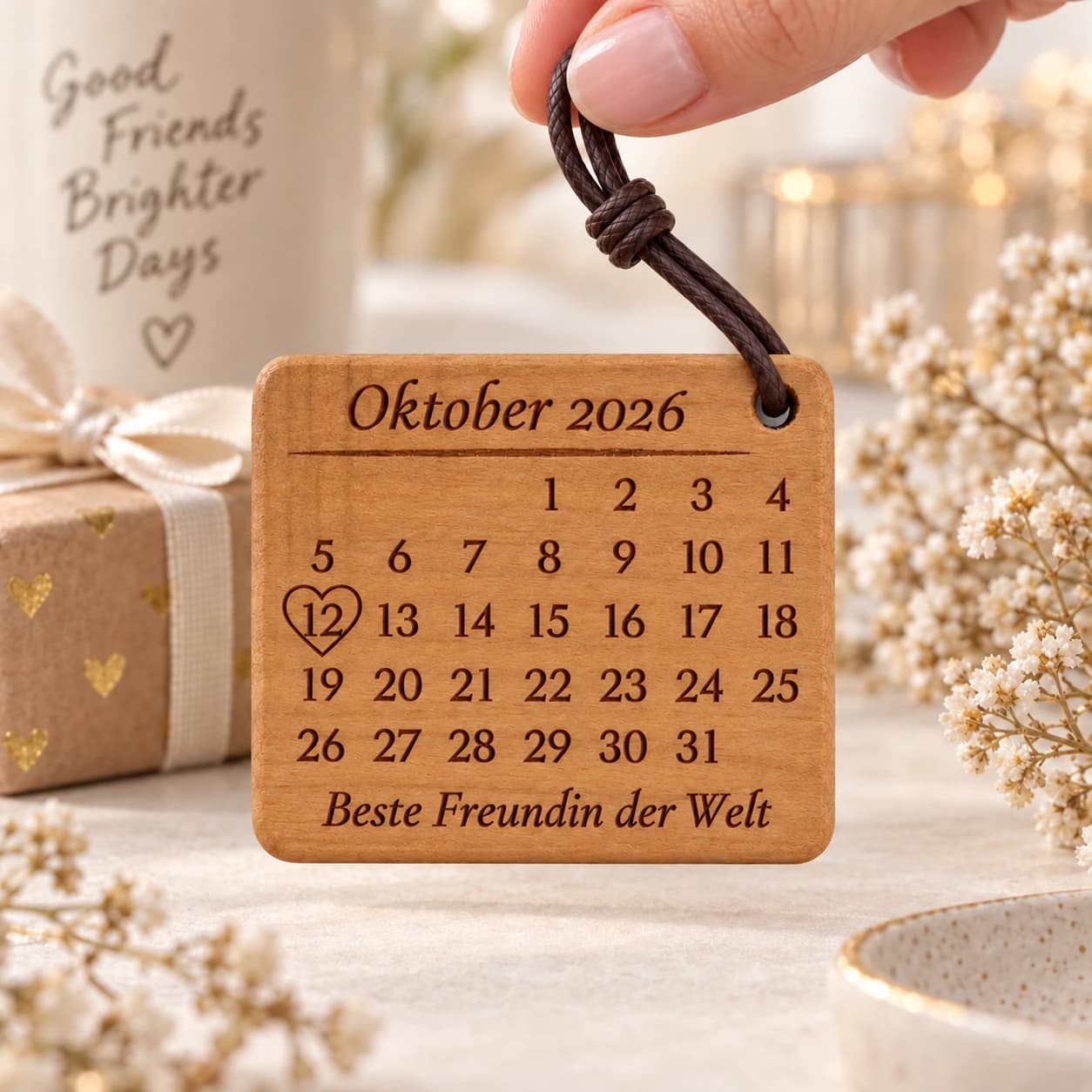 Kalender-Schlüsselanhänger mit Gravur für die beste Freundin mit Herzumriss – Weitere Anlassszene, Beispiel 12.10.2026