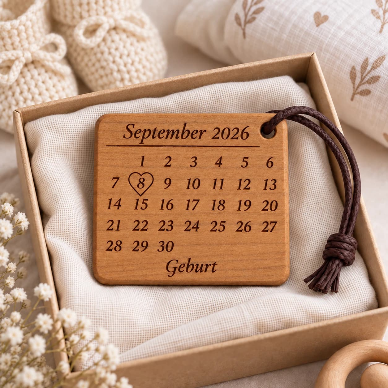 Kalender-Schlüsselanhänger mit Herzumriss zur Geburt, Taufe & Einschulung – Geschenkpräsentation, Beispiel 08.09.2026