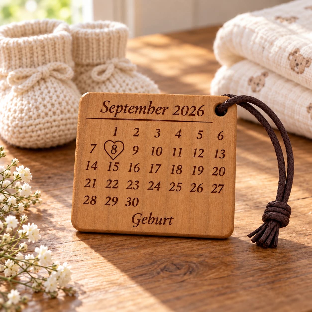 Kalender-Schlüsselanhänger mit Herzumriss zur Geburt, Taufe & Einschulung – Anlassszene, Beispiel 08.09.2026