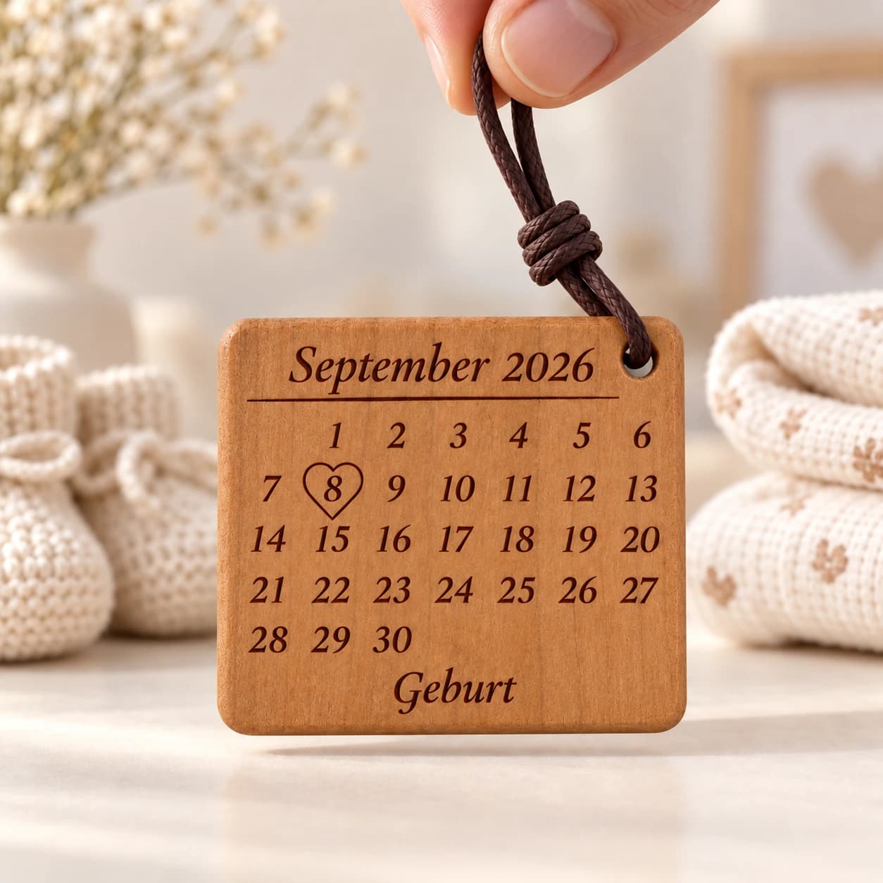 Kalender-Schlüsselanhänger mit Herzumriss zur Geburt, Taufe & Einschulung – Weitere Anlassszene, Beispiel 08.09.2026