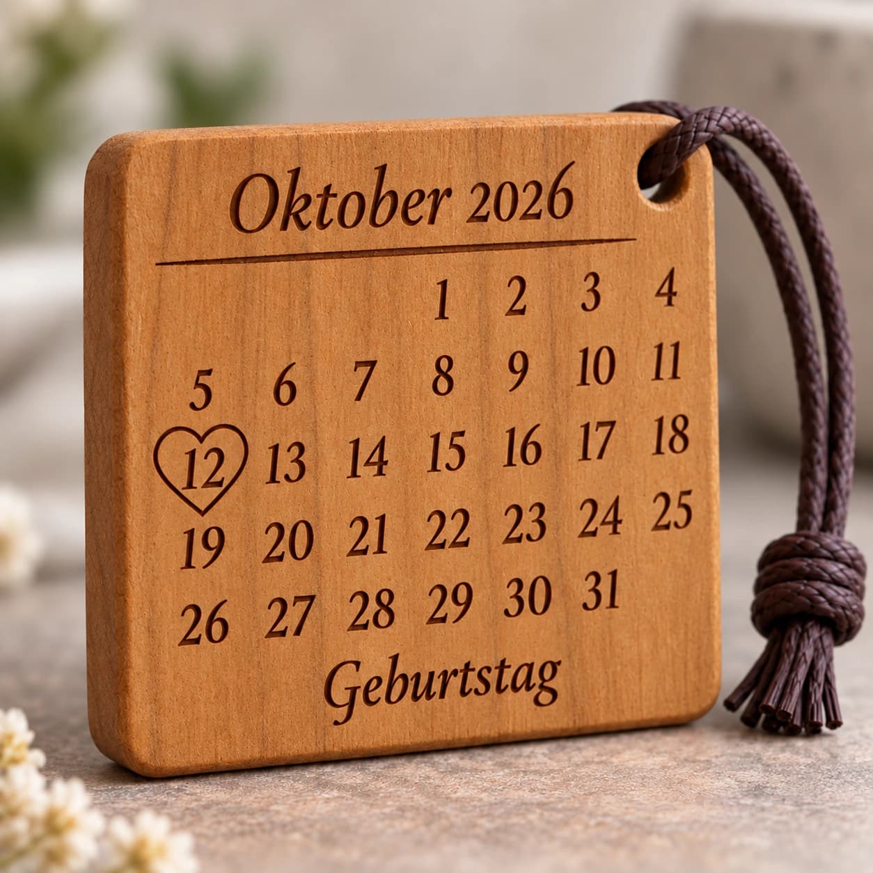 Kalender-Schlüsselanhänger mit Herzumriss zum Geburtstag – Nahaufnahme der Gravur, Beispiel 12.10.2026