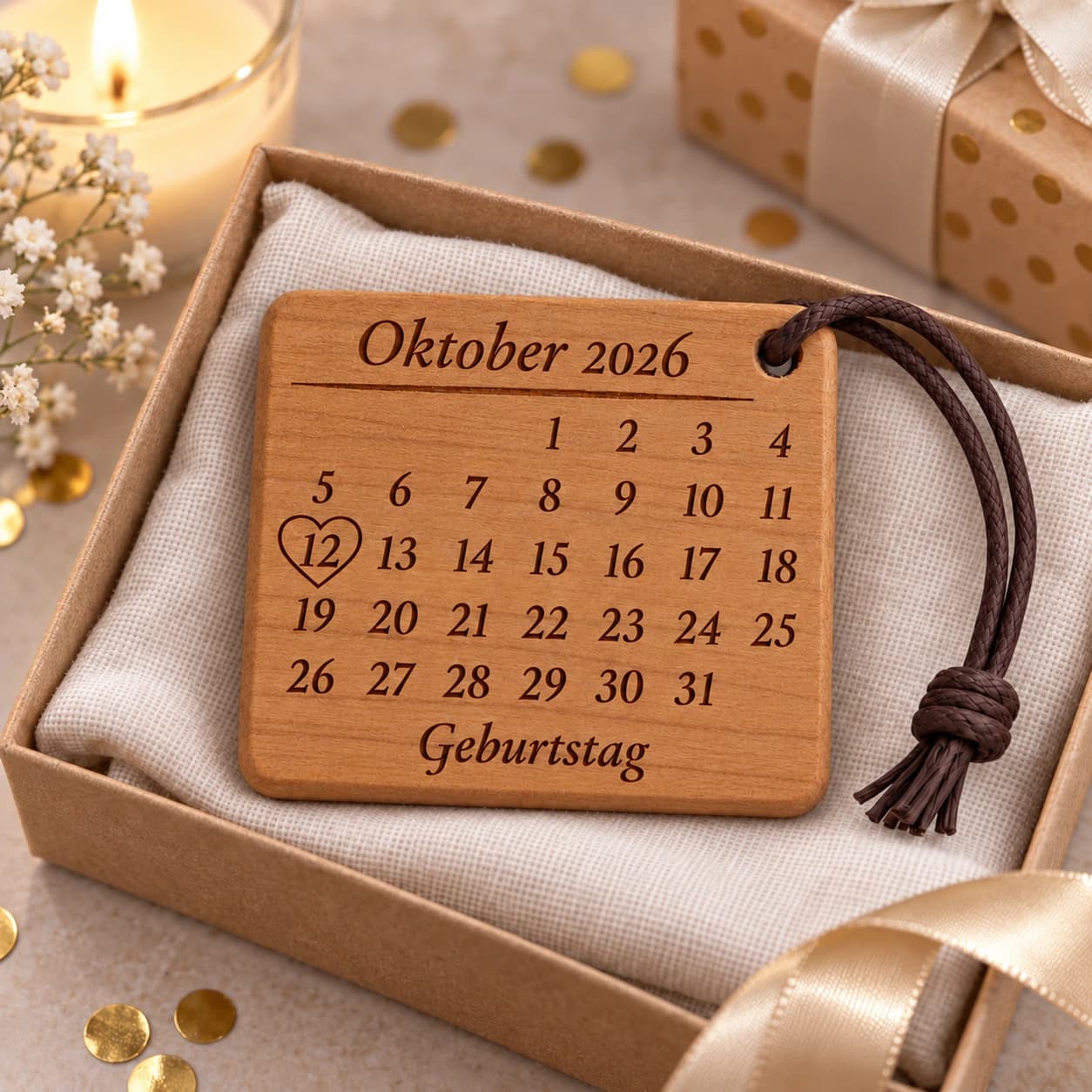 Kalender-Schlüsselanhänger mit Herzumriss zum Geburtstag – Geschenkpräsentation, Beispiel 12.10.2026