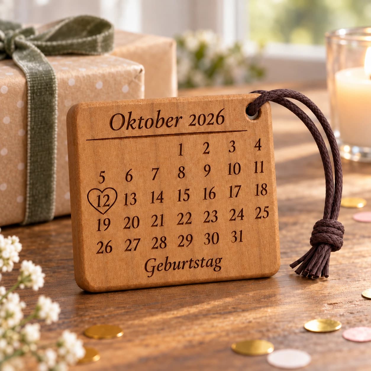 Kalender-Schlüsselanhänger mit Herzumriss zum Geburtstag – Anlassszene, Beispiel 12.10.2026