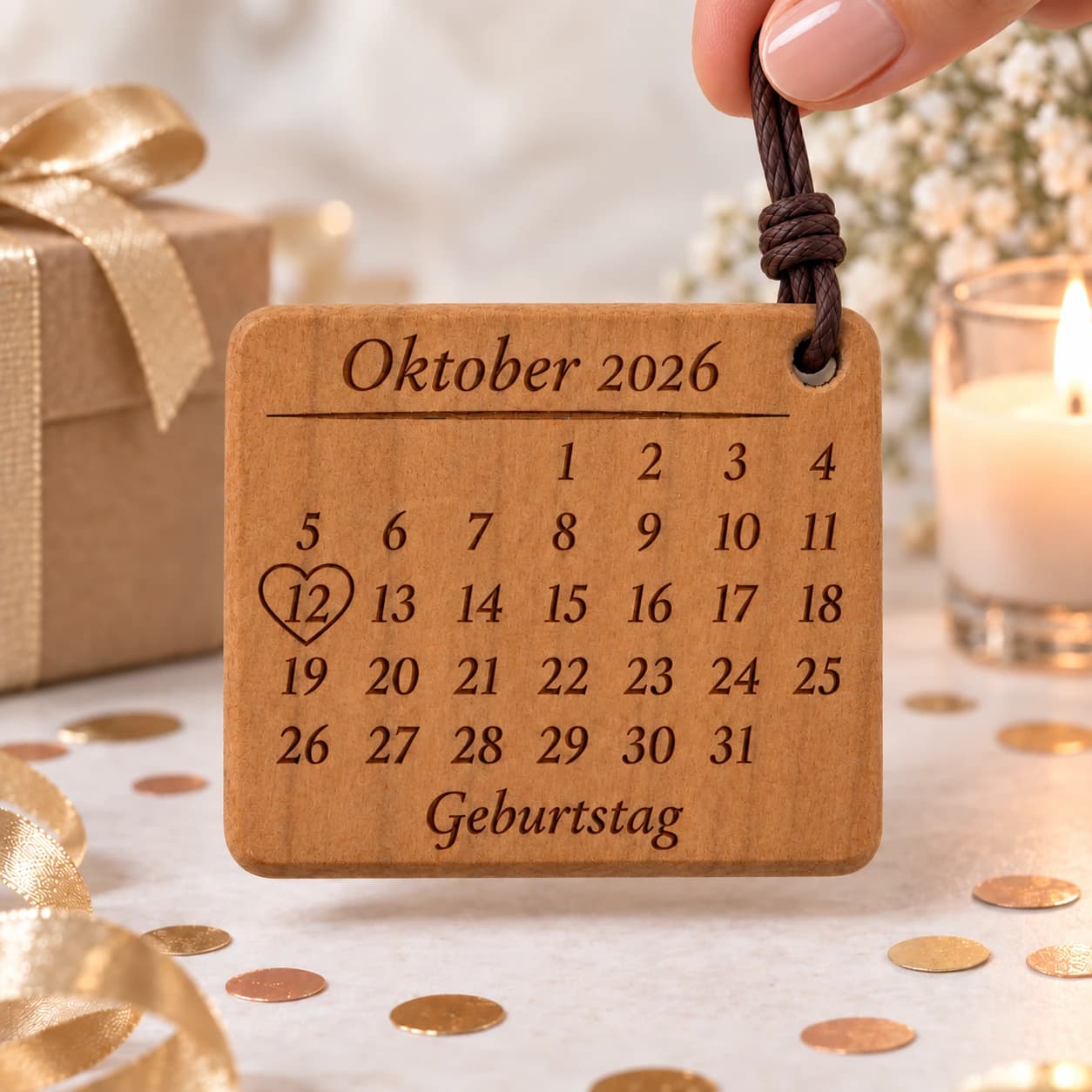 Kalender-Schlüsselanhänger mit Herzumriss zum Geburtstag – Weitere Anlassszene, Beispiel 12.10.2026