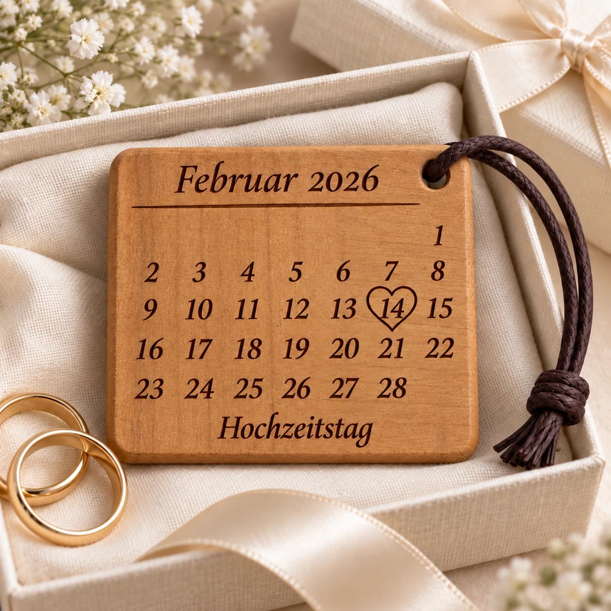 Kalender-Schlüsselanhänger mit Herzumriss zur Hochzeit & zum Jahrestag – Geschenkpräsentation, Beispiel 14.02.2026