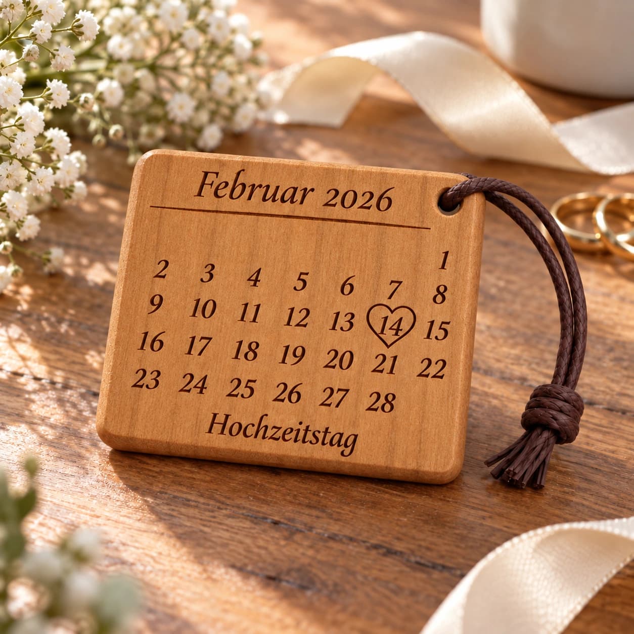 Kalender-Schlüsselanhänger mit Herzumriss zur Hochzeit & zum Jahrestag – Anlassszene, Beispiel 14.02.2026