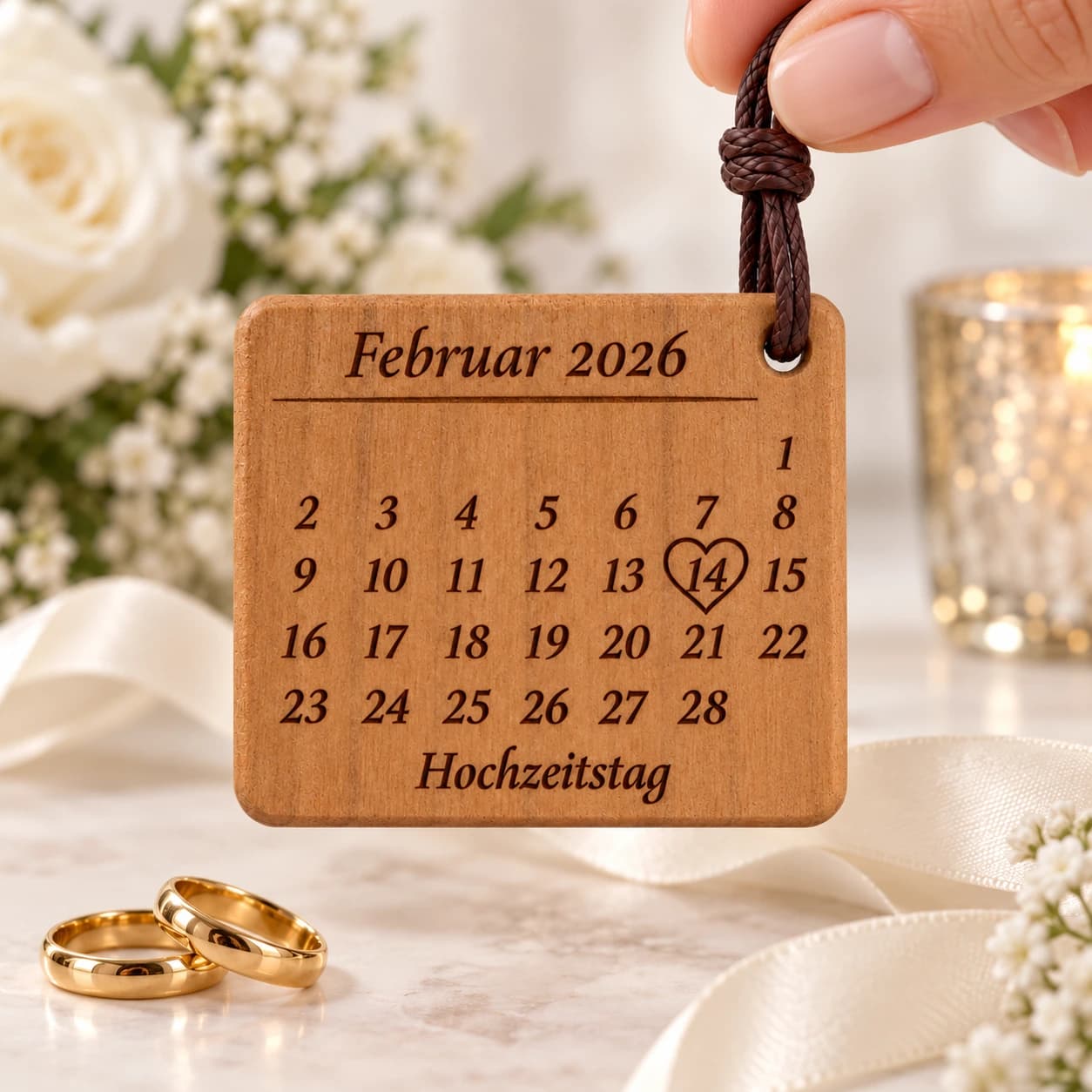 Kalender-Schlüsselanhänger mit Herzumriss zur Hochzeit & zum Jahrestag – Weitere Anlassszene, Beispiel 14.02.2026
