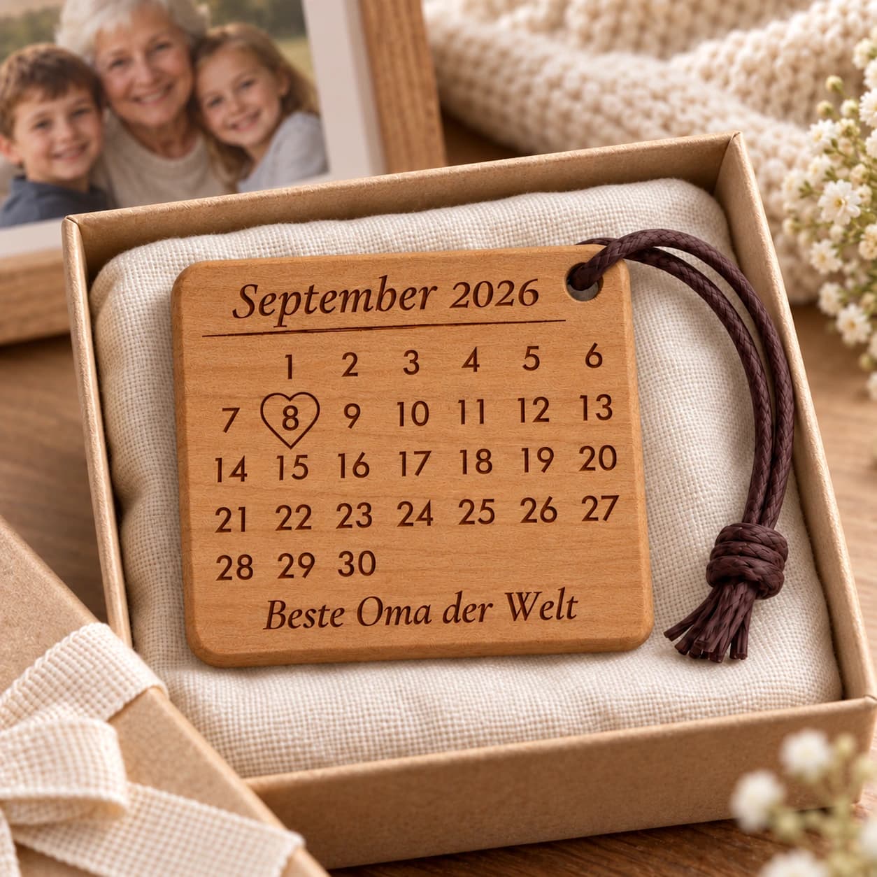 Personalisierter Kalender-Schlüsselanhänger für Oma mit Herzumriss – Geschenkpräsentation, Beispiel 08.09.2026