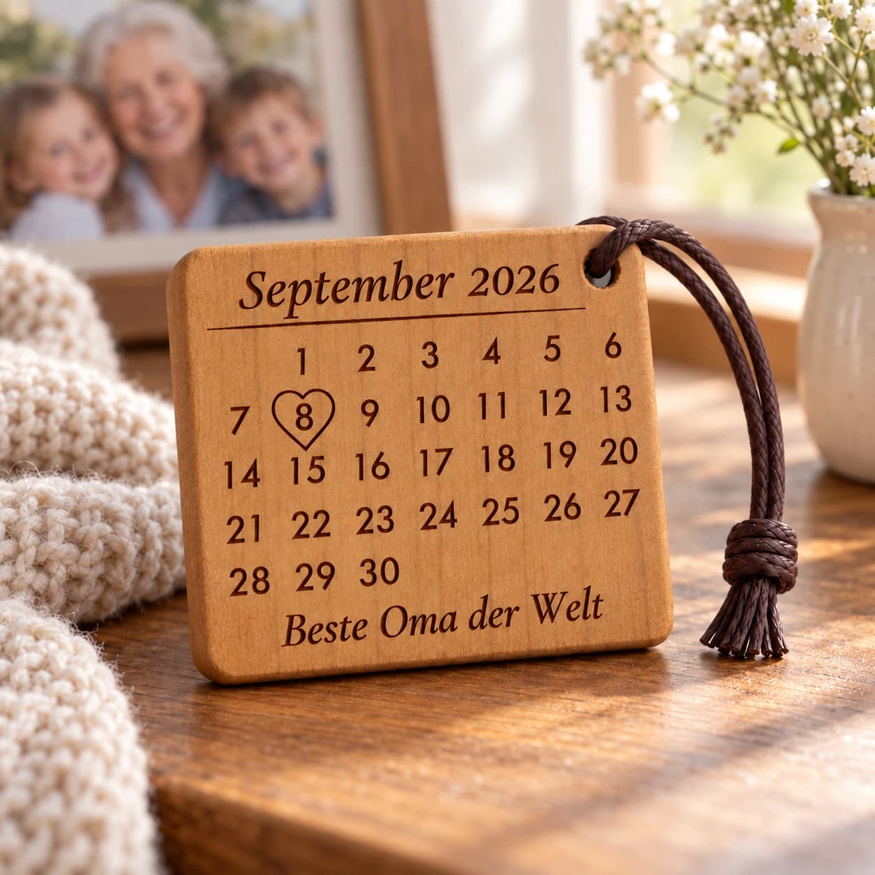 Personalisierter Kalender-Schlüsselanhänger für Oma mit Herzumriss – Anlassszene, Beispiel 08.09.2026