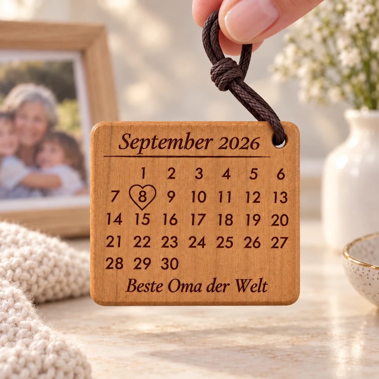 Personalisierter Kalender-Schlüsselanhänger für Oma mit Herzumriss – Weitere Anlassszene, Beispiel 08.09.2026