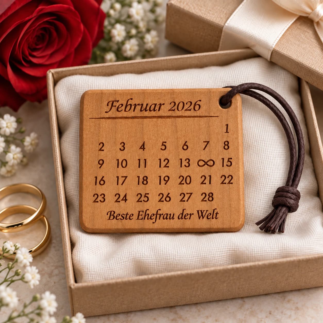 Kalender-Schlüsselanhänger mit Gravur für die Ehefrau mit Unendlichkeitszeichen – Geschenkpräsentation, Beispiel 14.02.2026