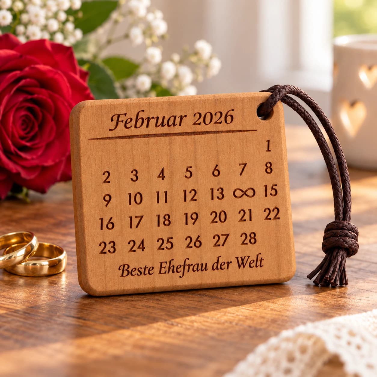 Kalender-Schlüsselanhänger mit Gravur für die Ehefrau mit Unendlichkeitszeichen – Anlassszene, Beispiel 14.02.2026