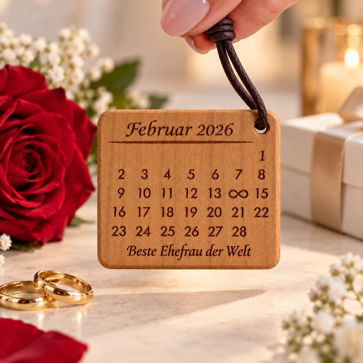 Kalender-Schlüsselanhänger mit Gravur für die Ehefrau mit Unendlichkeitszeichen – Weitere Anlassszene, Beispiel 14.02.2026