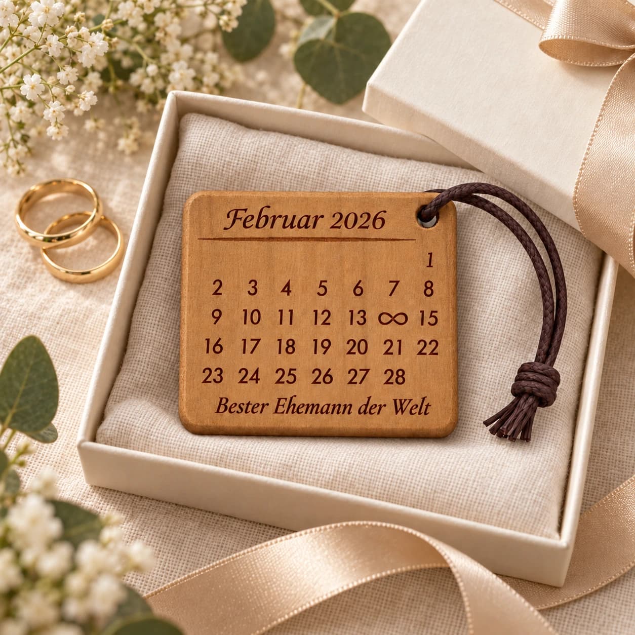 Kalender-Schlüsselanhänger mit Gravur für den Ehemann mit Unendlichkeitszeichen – Geschenkpräsentation, Beispiel 14.02.2026