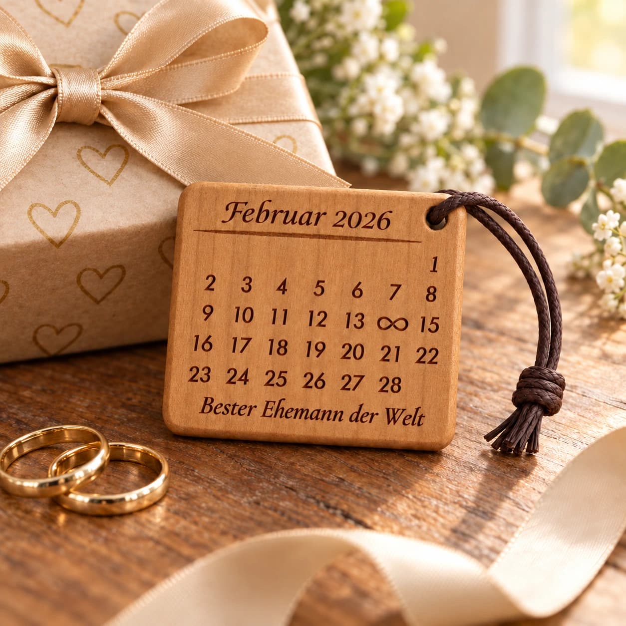 Kalender-Schlüsselanhänger mit Gravur für den Ehemann mit Unendlichkeitszeichen – Anlassszene, Beispiel 14.02.2026