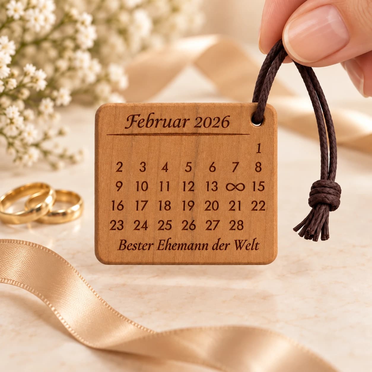 Kalender-Schlüsselanhänger mit Gravur für den Ehemann mit Unendlichkeitszeichen – Weitere Anlassszene, Beispiel 14.02.2026