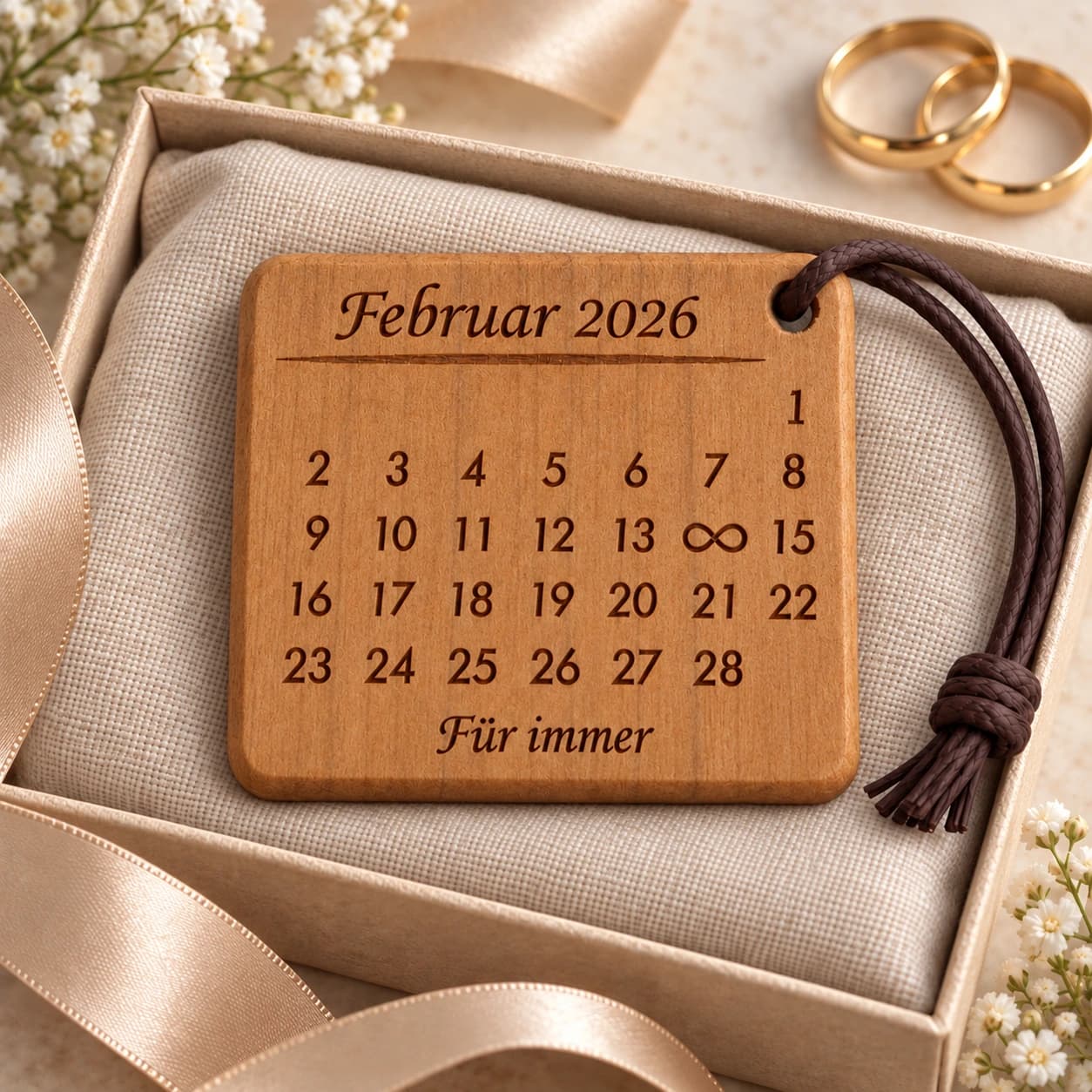 Kalender-Schlüsselanhänger mit Gravur Für immer mit Unendlichkeitszeichen – Geschenkpräsentation, Beispiel 14.02.2026